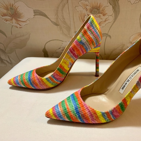 Manolo Blahnik BB Rainbow Colorful Striped Pointed Toe Heels - Size 38 - Picture 3 of 7